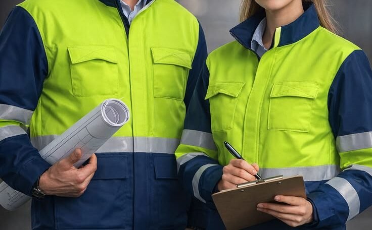 Two site engineers in yellow and navy hi-vis jackets with white hard hats