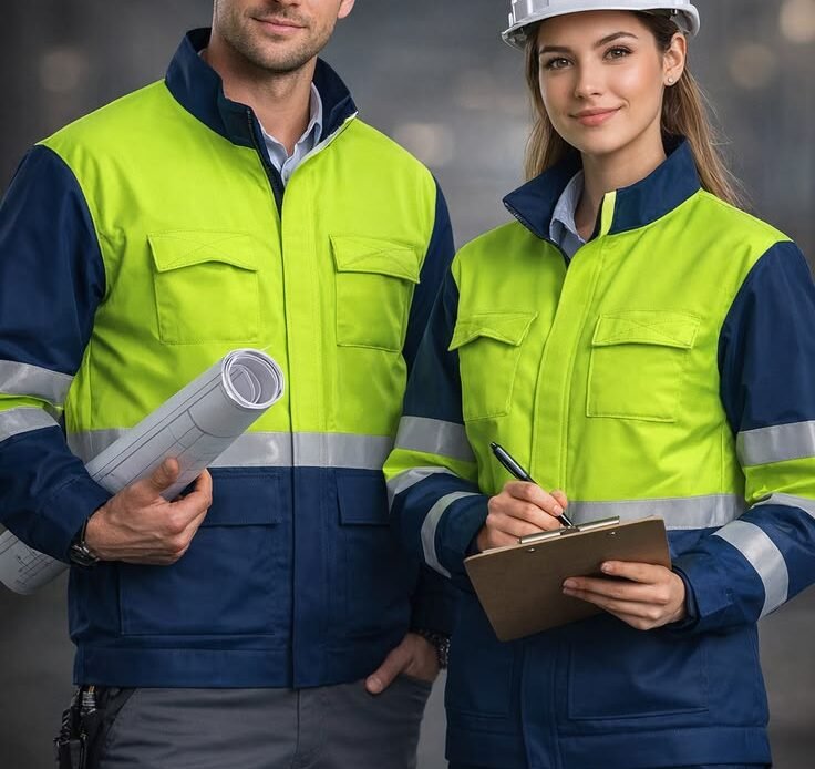 Two site engineers in yellow and navy hi-vis jackets with white hard hats